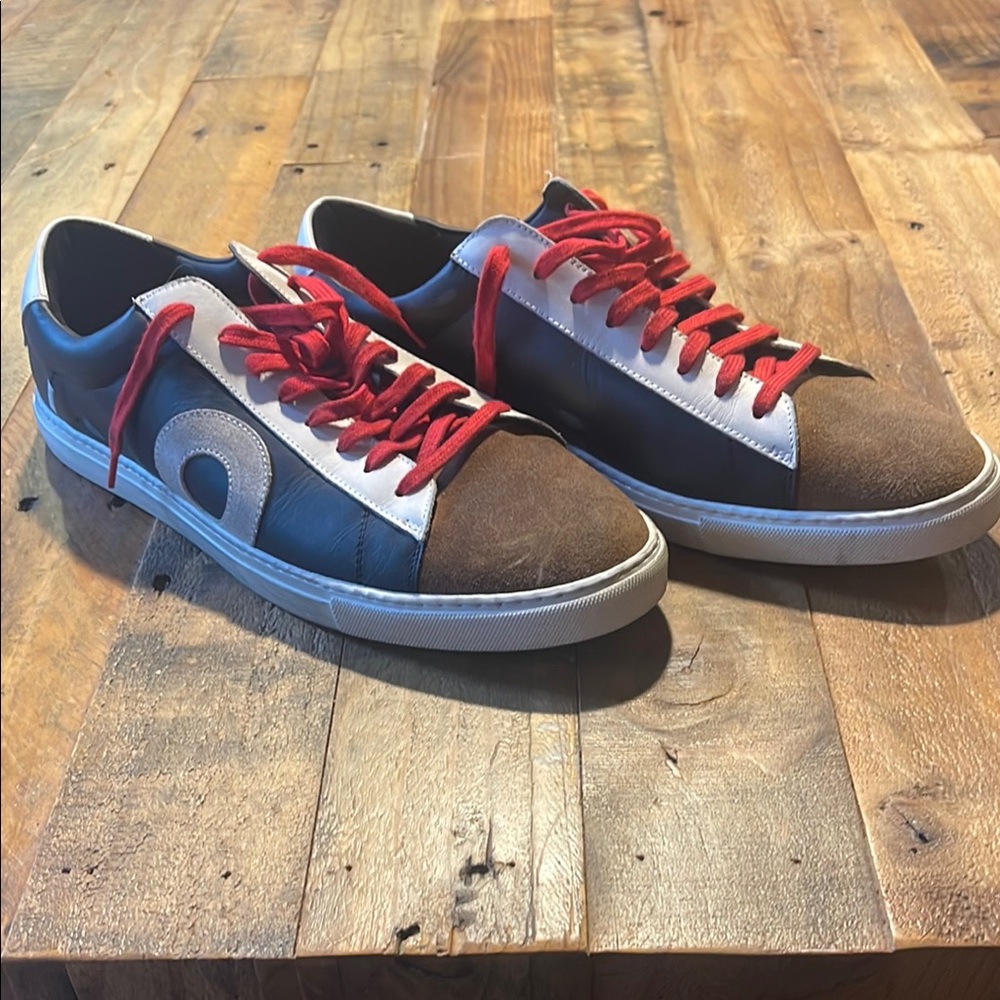 Oliver Cabell Italian Men's Brown and Black Sneakers with Red Laces.